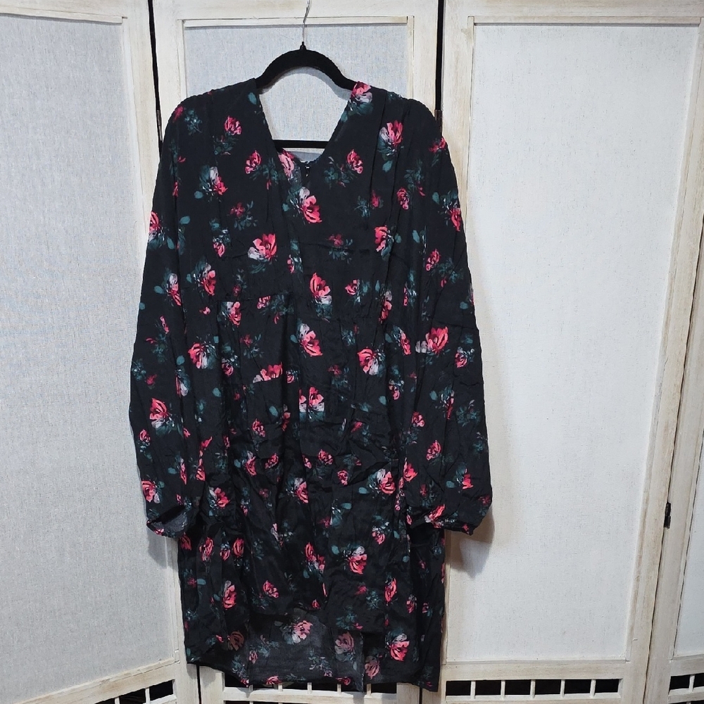 A New Day Womens Black Pink Floral V-Neck Long Sleeve Mini Dress 2X NWT